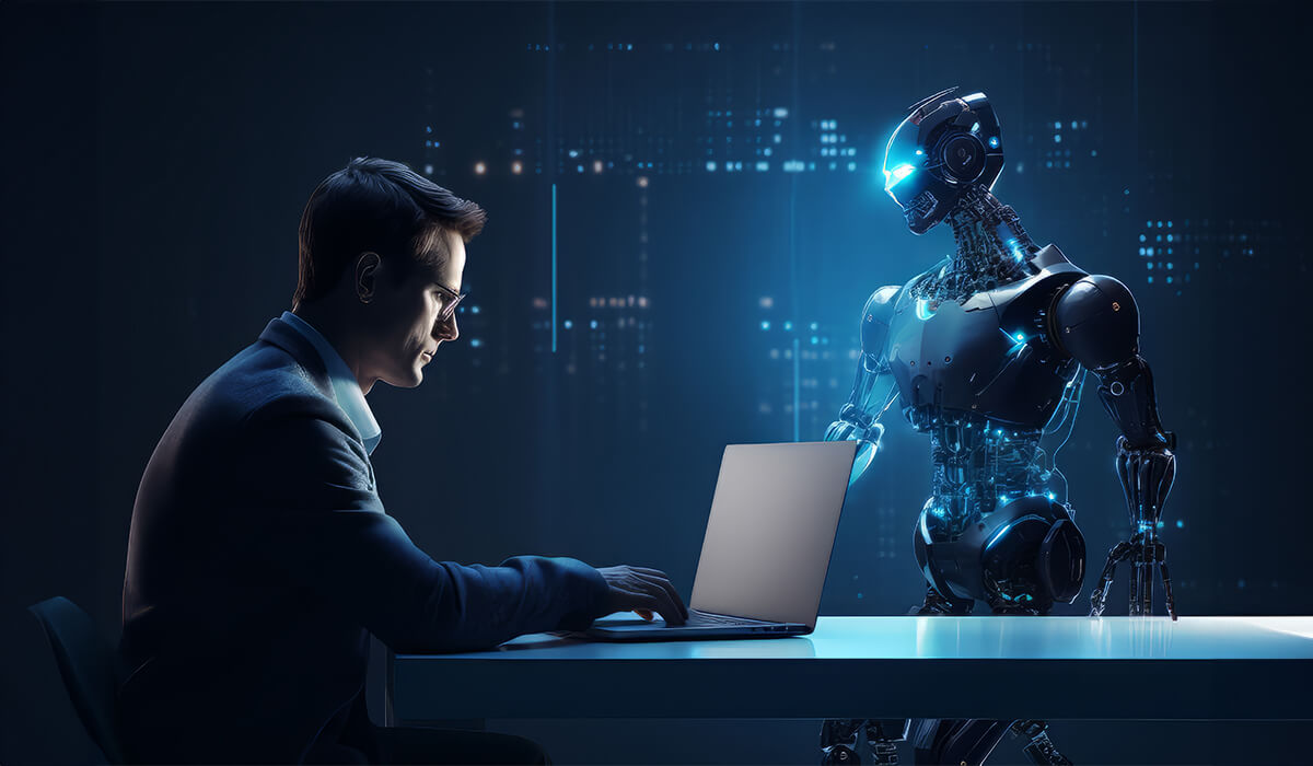 A person in a dark room interacting with a robot over a laptop